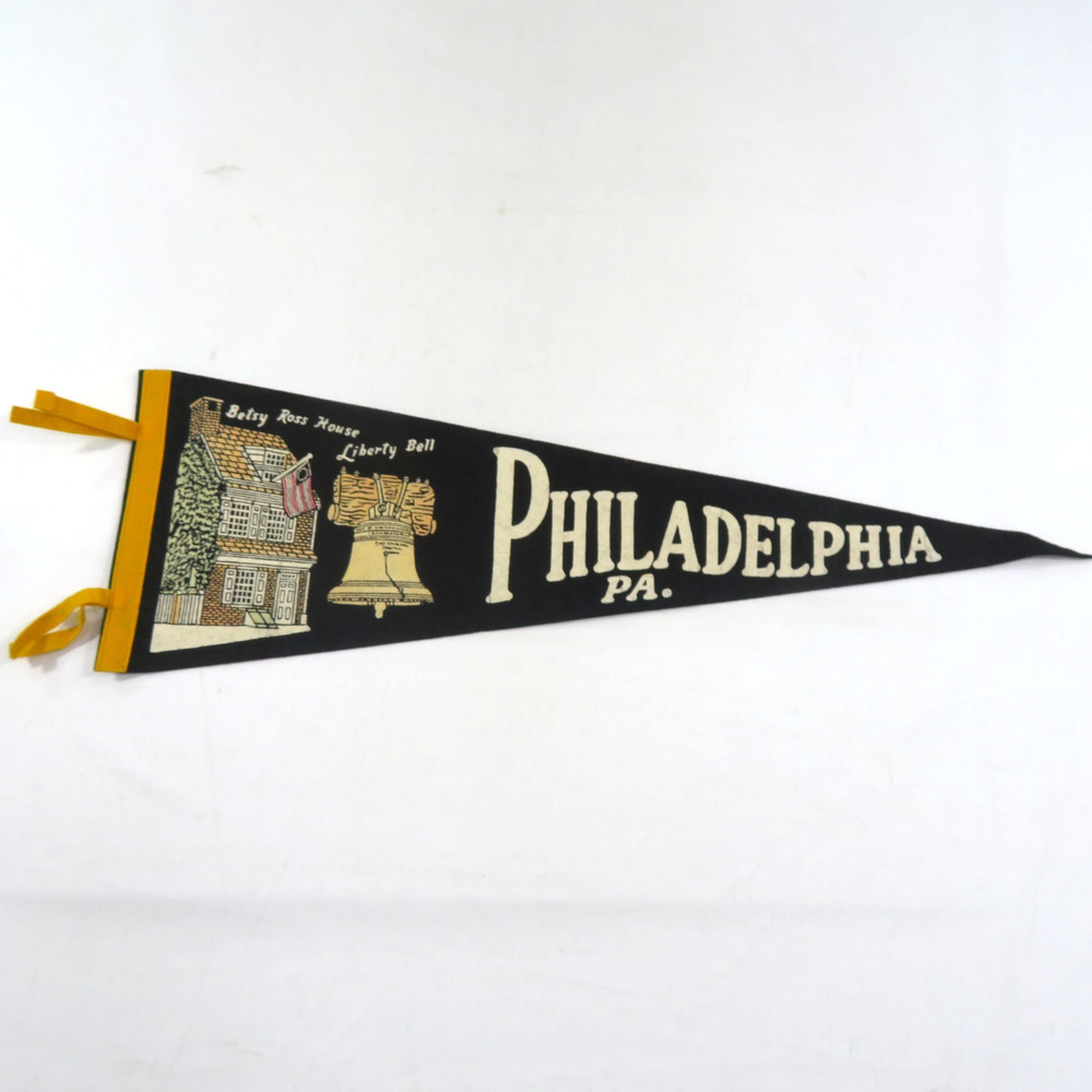 Philadelphia Betsy Ross House Liberty Bell Graphic Black White Pennant 27x8 50s